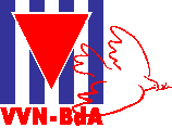 Logo: Rotes Dreieck auf blauen Streifen mit Friedenstaube. VVN-BdA.
