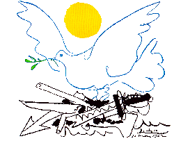 Picasso Friedenstaube auf zerstörten Waffen.