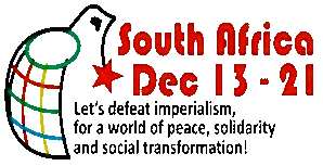 Logo der 17. Weltfestspiele. Beschriftung: South Africa, Dec 13 - 21. Let's defeat imperialism, for a world of peace, solidarity and social transformation!